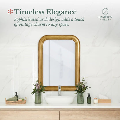 Hamilton Hills 36" x 24" Classic Gold Framed Polished Glass Top Round Corner Mirror - Thick Arched Top Rich Wall Mirror - Vanity for Bathroom Decor, Bedroom, Living Room - Hangs Horizontal or Vertica
