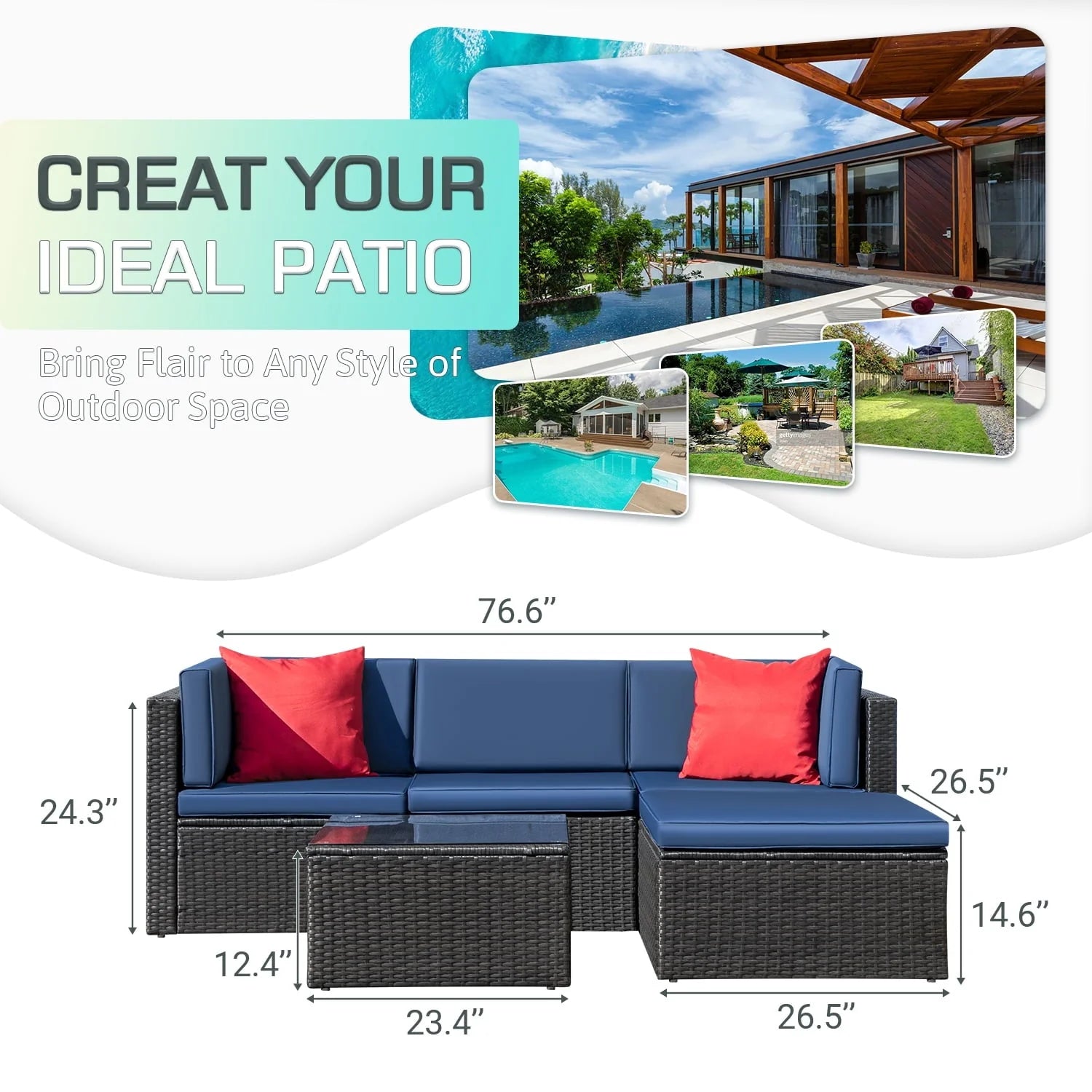 Devoko 5 Pieces Patio Furniture Sectional Set Outdoor Wicker Rattan Sofa Set Backyard Couch Conversation Sets with Pillow Cushions and Glass Table, Navy Blue