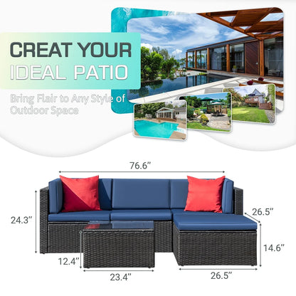 Devoko 5 Pieces Patio Furniture Sectional Set Outdoor Wicker Rattan Sofa Set Backyard Couch Conversation Sets with Pillow Cushions and Glass Table, Navy Blue
