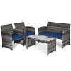 Costway 4PCS Patio Rattan Furniture Set Conversation Glass Table Top Cushioned Sofa Outdoor Turquoise