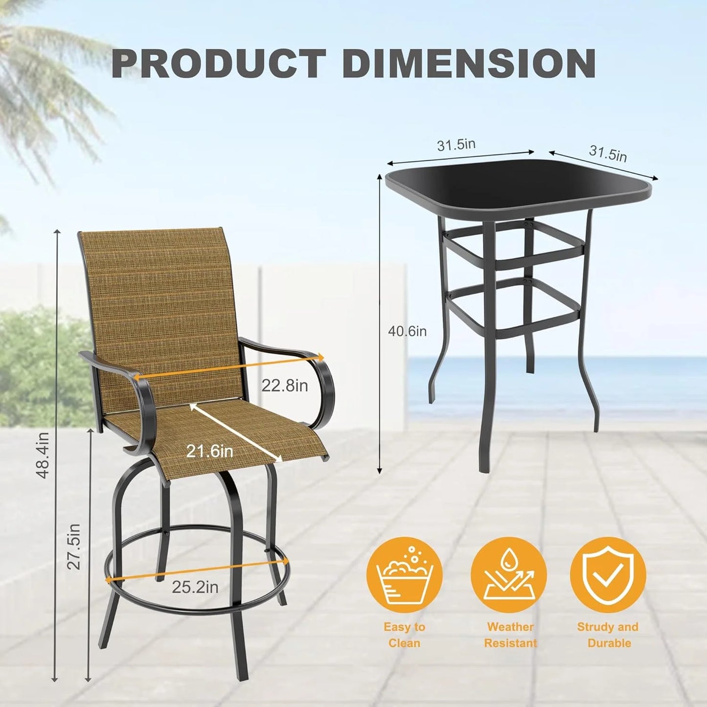 Homhougo 3 Piece Patio Swivel Bar Sets, 3PCS Outdoor High Top Bar Set with 2 Outdoor Swivel Chairs and Glass Bar Table, Patio High Top Bar Table and Stools Chairs Set All Weather Textile Fabric