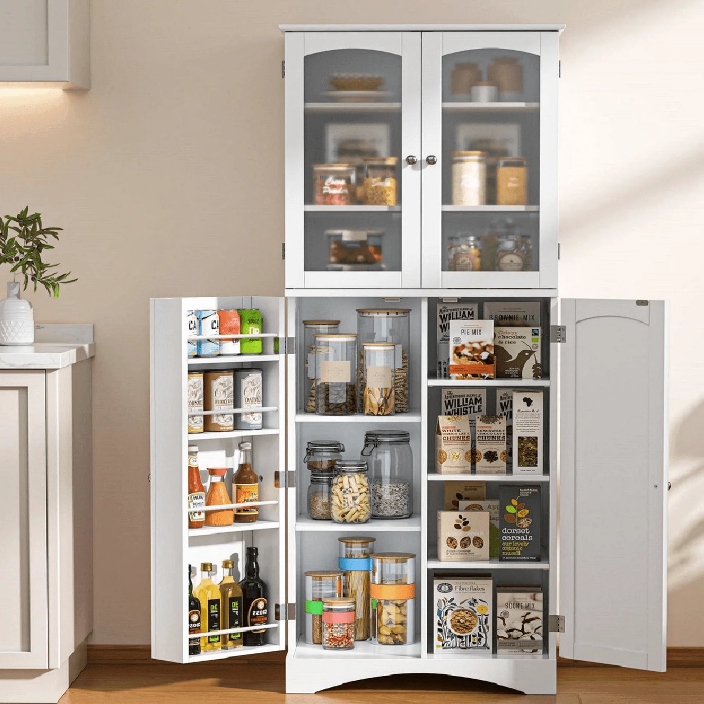 Pantry Cabinet, Lofka 64" Kitchen Pantry Storage Cabinet with Frosted Glass Doors and 14 Shelves, White
