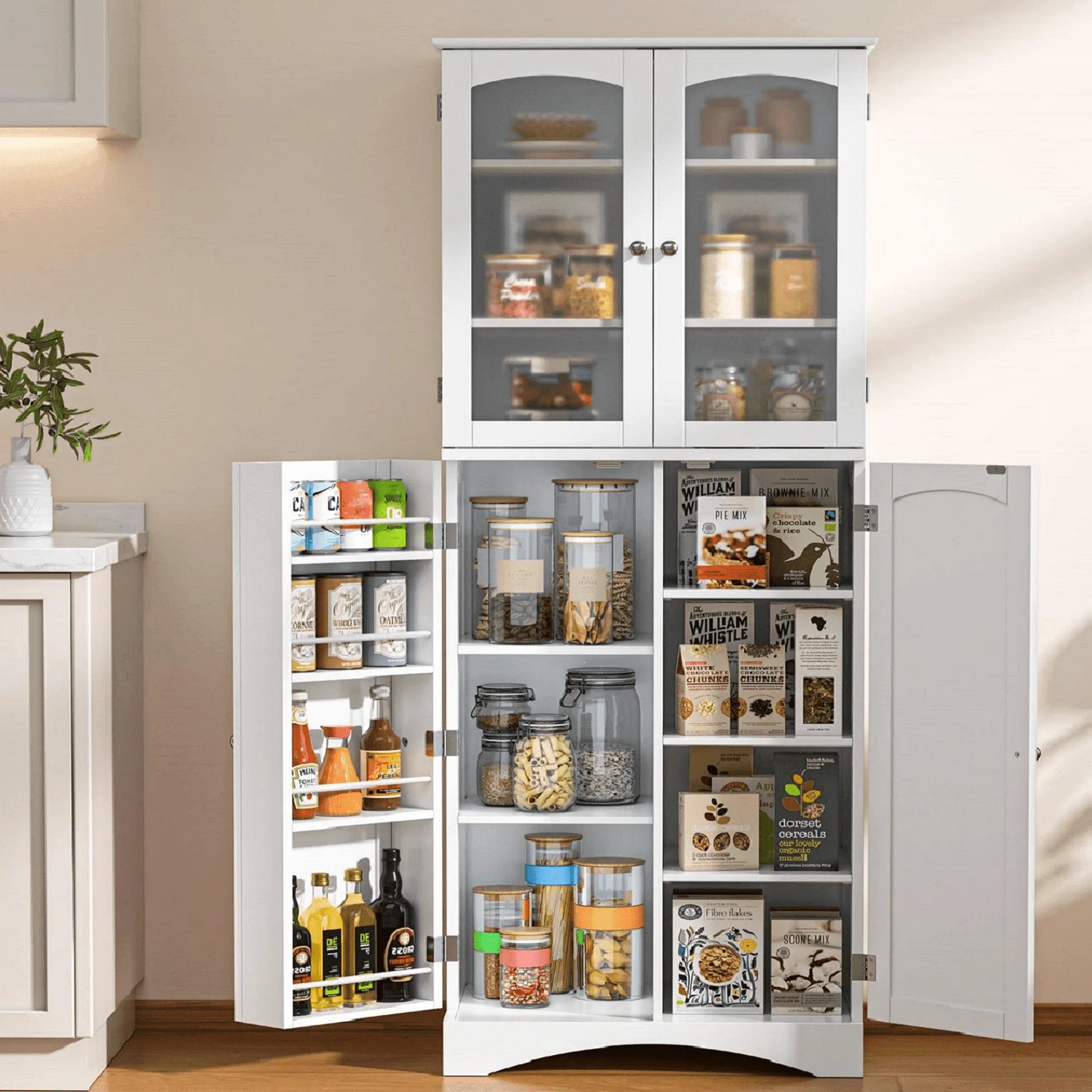 Pantry Cabinet, Lofka 64" Kitchen Pantry Storage Cabinet with Frosted Glass Doors and 14 Shelves, White