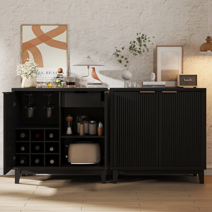 VEANERWOOD Wine Bar Cabinet with 2 Door Fluted Texture, Kitchen Sideboard Buffet with Wine Rack& Glass Holder for Living Room
