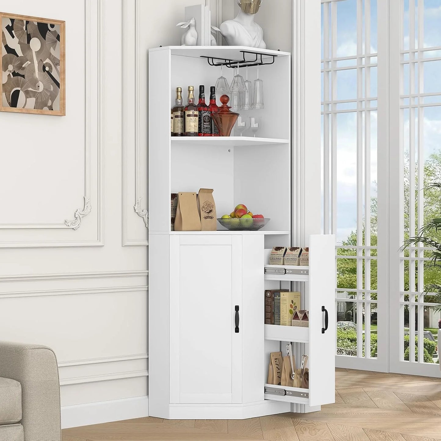 HAUXITIO Corner Bar Cabinet with Electrical Outlet, LED Lighting and Storage Drawer, 71" Home Coffee Bar Cabinet with Glass Rack