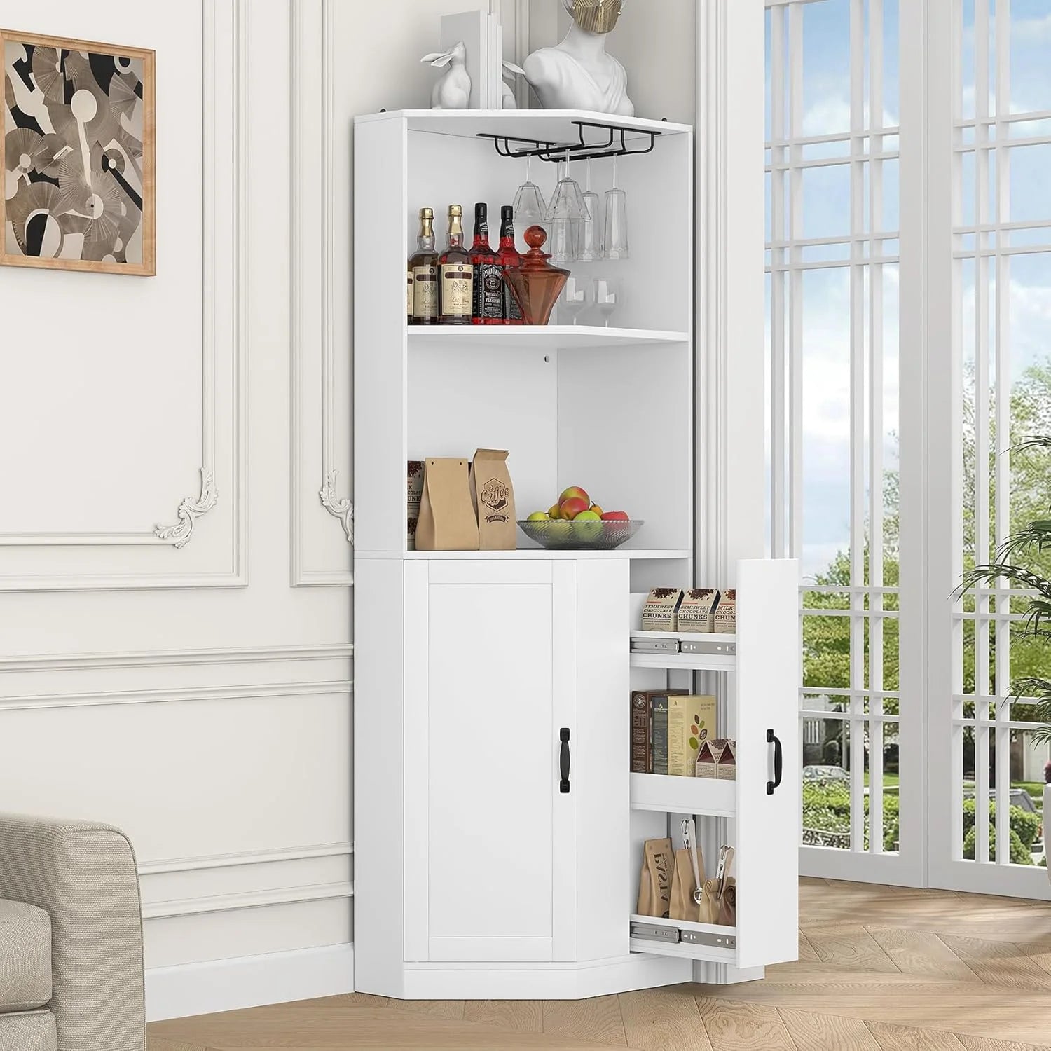 HAUXITIO Corner Bar Cabinet with Electrical Outlet, LED Lighting and Storage Drawer, 71" Home Coffee Bar Cabinet with Glass Rack