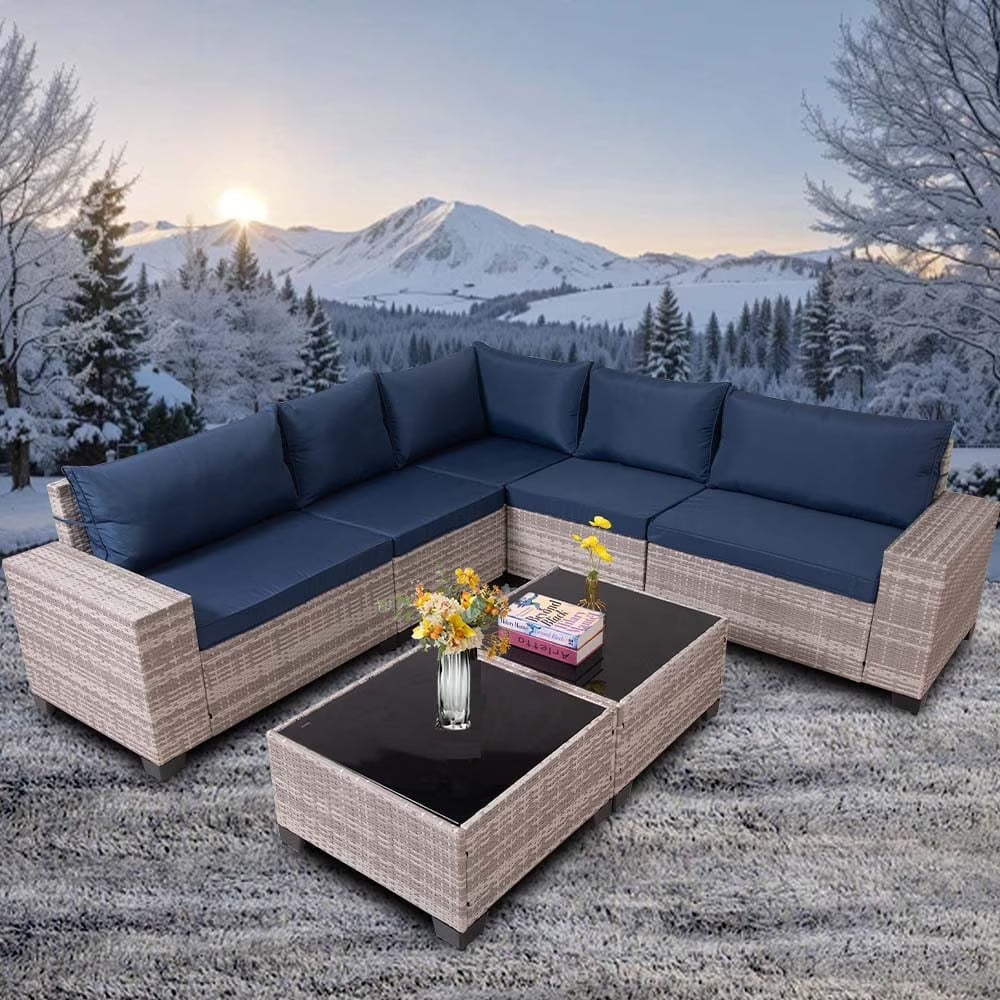 HISUKOY 7-Piece Wicker Modular All Weather Outdoor Conversation Sets with Washable Cushions and Glass Table