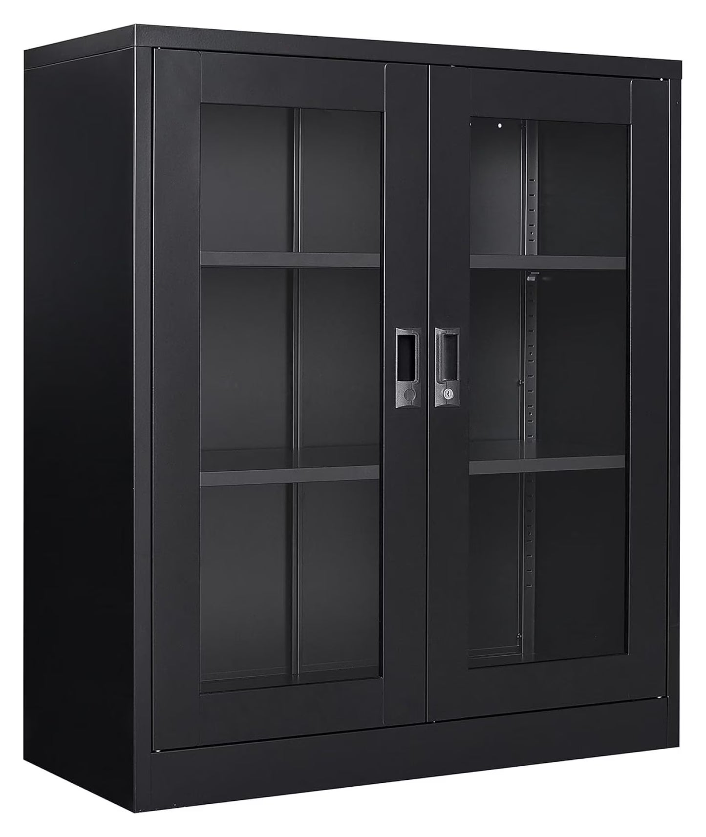 saney Black Metal Storage Cabinet with Doors and Shelves,Glass Cabinet Display Cabinet with Glass Doors,Office Cabinet with Storage Shelves and Double Doors, for Garage and Utility Room, Home Office