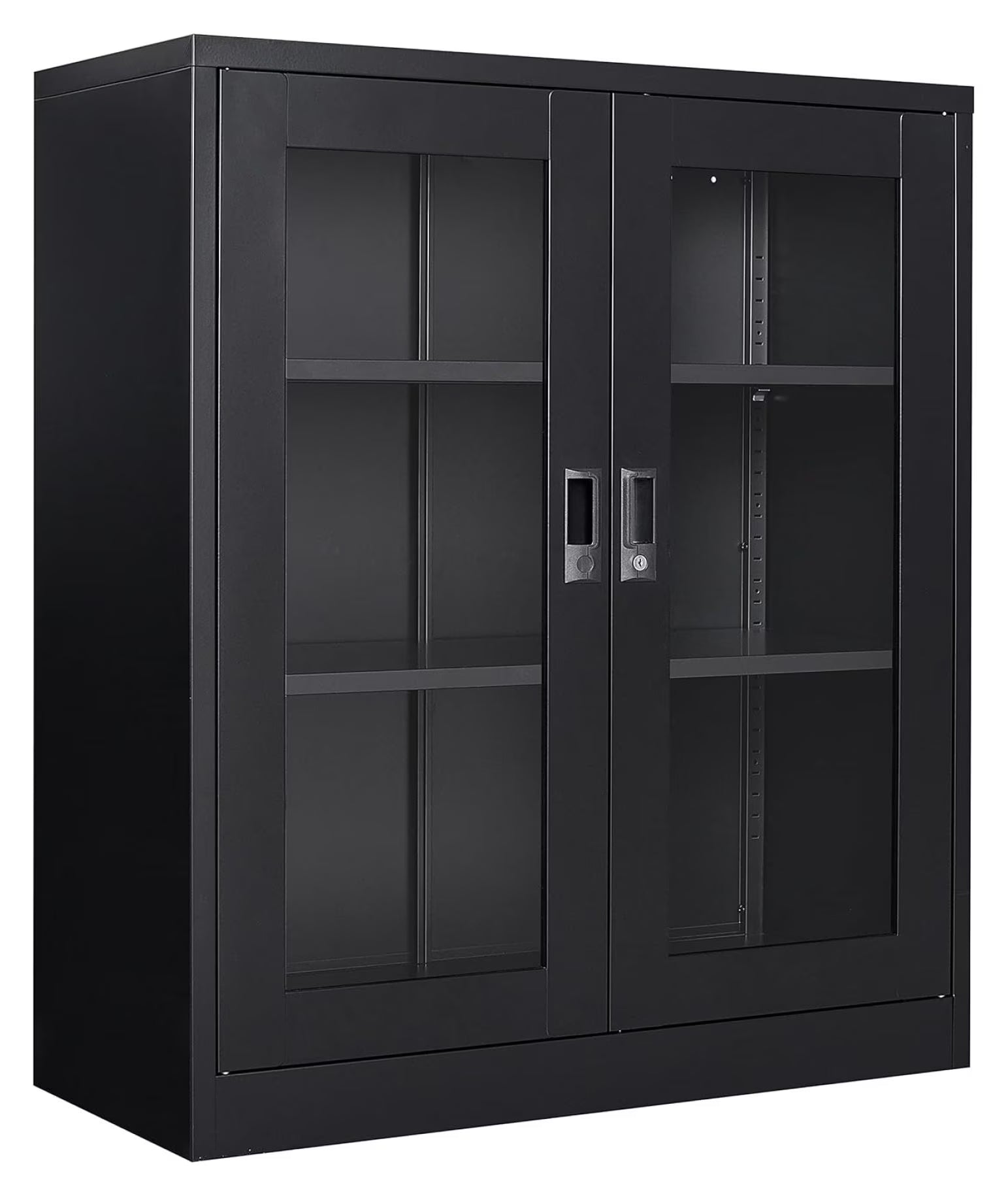 saney Black Metal Storage Cabinet with Doors and Shelves,Glass Cabinet Display Cabinet with Glass Doors,Office Cabinet with Storage Shelves and Double Doors, for Garage and Utility Room, Home Office