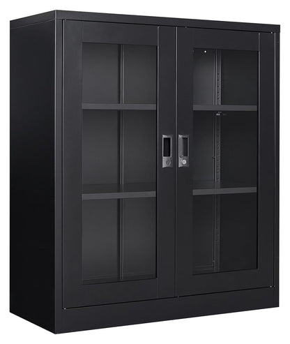 saney Black Metal Storage Cabinet with Doors and Shelves,Glass Cabinet Display Cabinet with Glass Doors,Office Cabinet with Storage Shelves and Double Doors, for Garage and Utility Room, Home Office