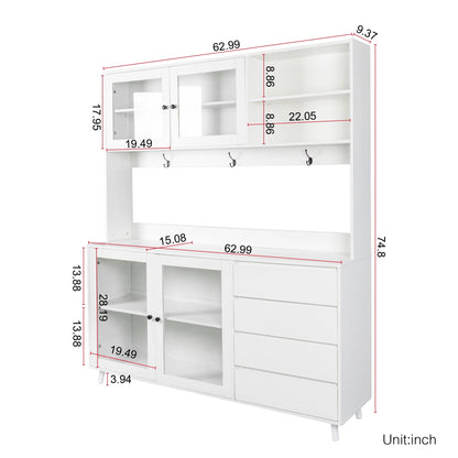 Large Kitchen Pantry Storage Cabinet w/4 Glass Doors & 4 Drawers, Food Hutch w/Microwave Stand & Hooks