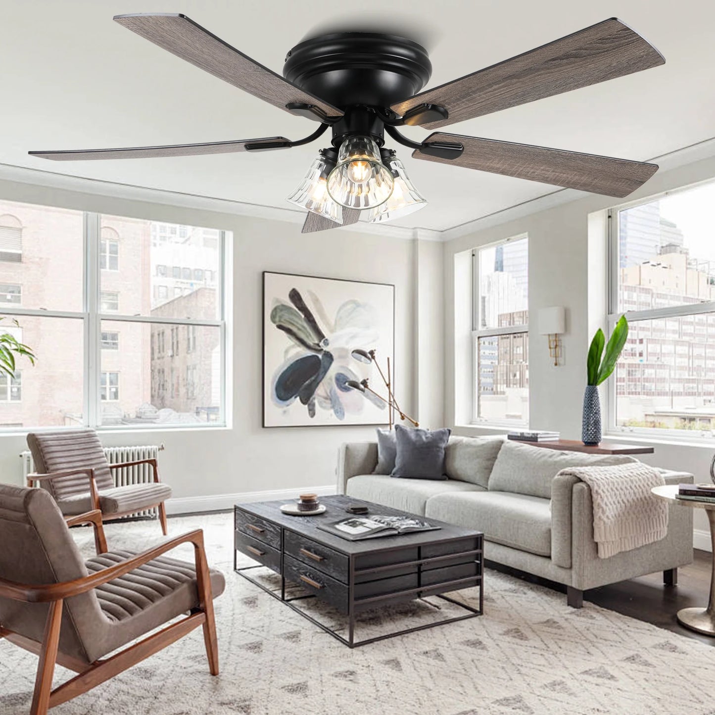 Cusp Barn 52 Inch Traditional Indoor Ceiling Fan with Remote Control, Vintage Clear Glass Shade Chandelier, Low Profile Flush Mount Reversible Ceiling Fan for Bedroom