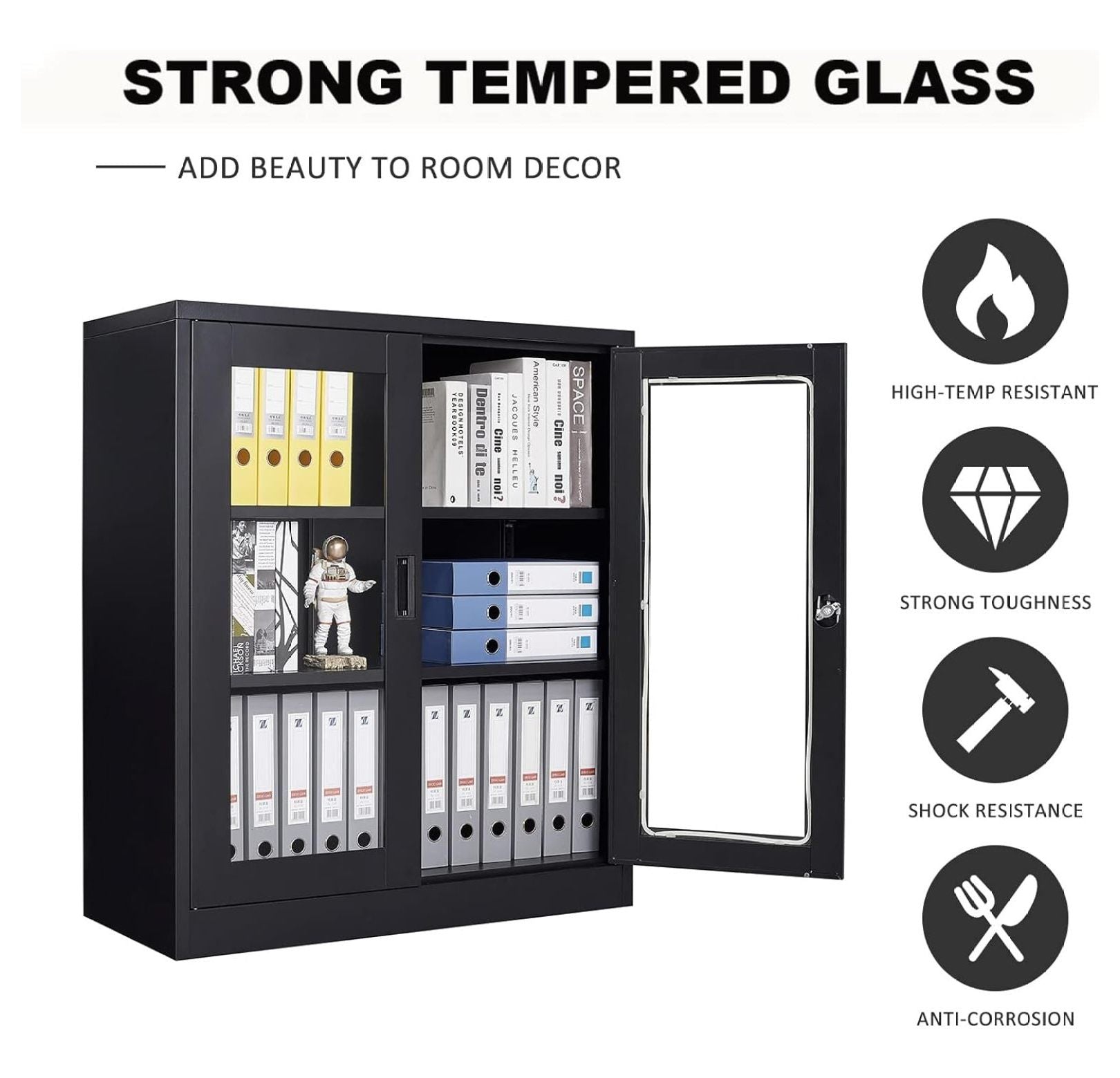 Drevy Metal Storage Cabinet with Doors and Shelves,Glass Cabinet Display Cabinet with Glass Doors,Office Cabinet with Storage Shelves and Double Doors, for Garage and Utility Room, Home Office