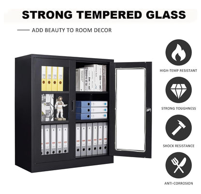 Drevy Metal Storage Cabinet with Doors and Shelves,Glass Cabinet Display Cabinet with Glass Doors,Office Cabinet with Storage Shelves and Double Doors, for Garage and Utility Room, Home Office