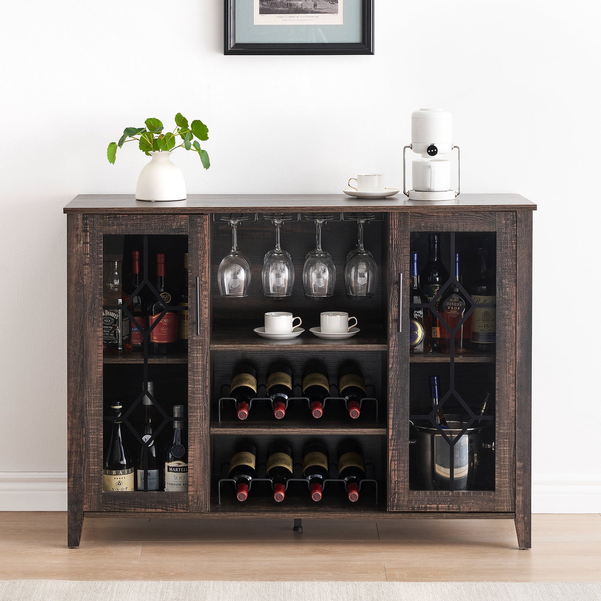 Garvee Farmhouse Wine Bar Cabinet with LED Lights, Coffee Bar Cabinet with Wine and Glasses Rack, Buffet Sideboard with Storage, Liquor Cabinet for Bar, Kitchen, Dining Room, Dark Oak