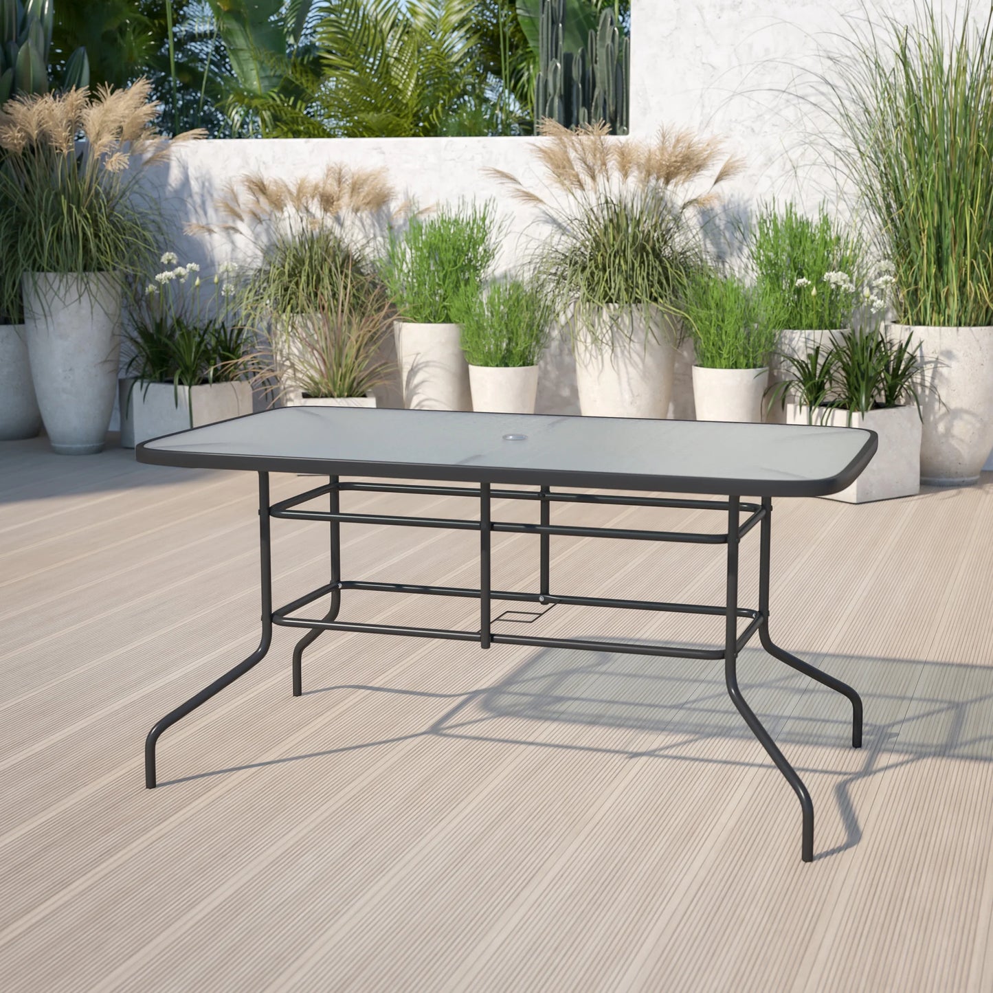 Flash Furniture Tory 31.5" x 55" Glass Metal Patio Table with Umbrella Hole, Black