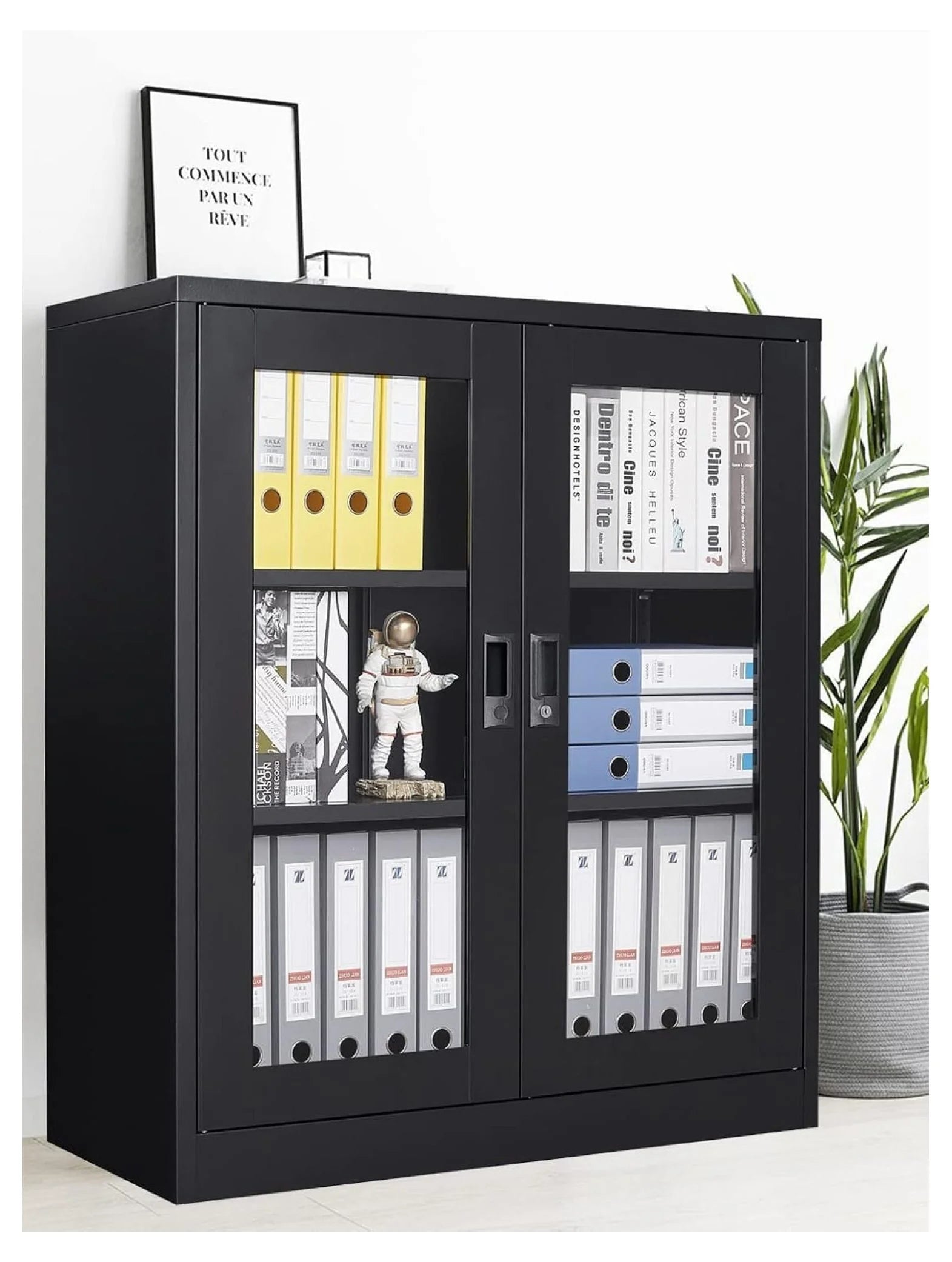 Drevy Metal Storage Cabinet with Doors and Shelves,Glass Cabinet Display Cabinet with Glass Doors,Office Cabinet with Storage Shelves and Double Doors, for Garage and Utility Room, Home Office