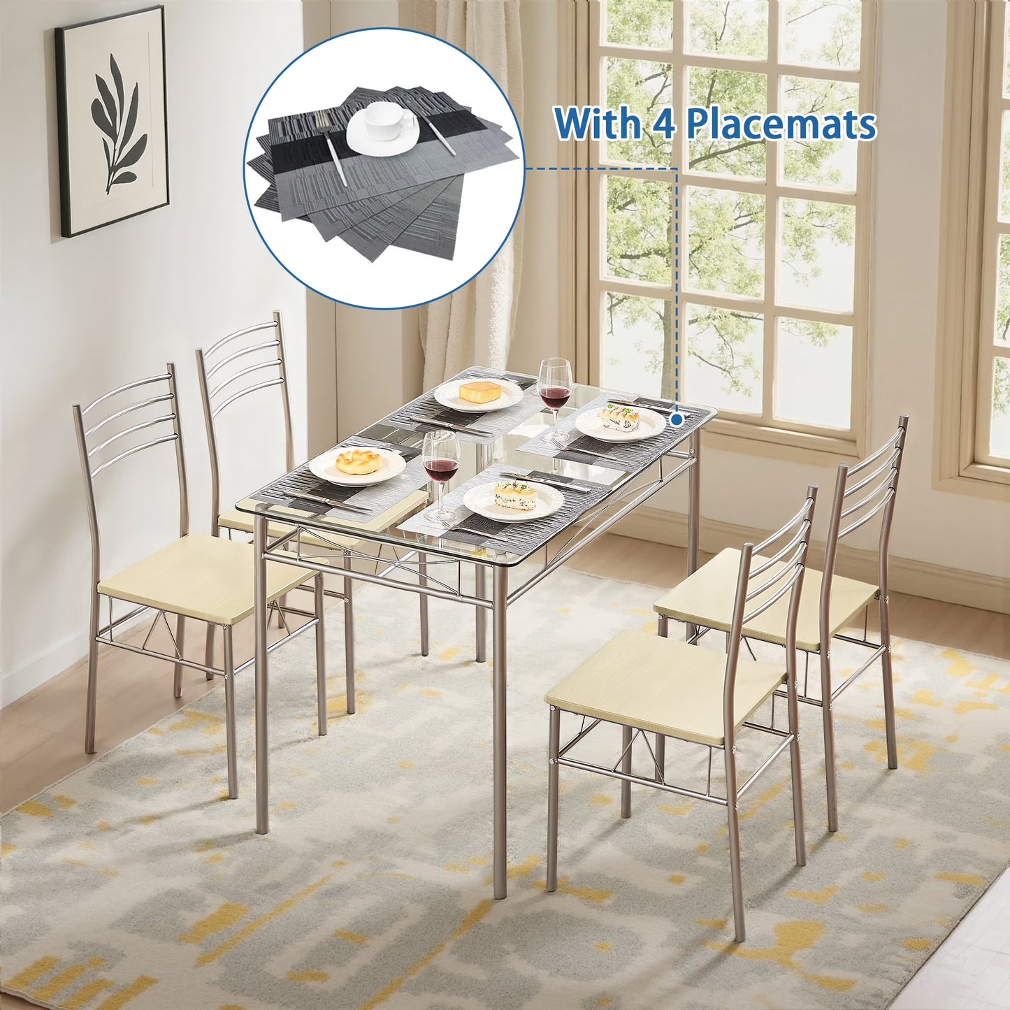 VECELO 5-Piece Dining Set Tempered Glass Top Table with 4 Upholstered Chairs for Home, Kitchen, Living Room, Black