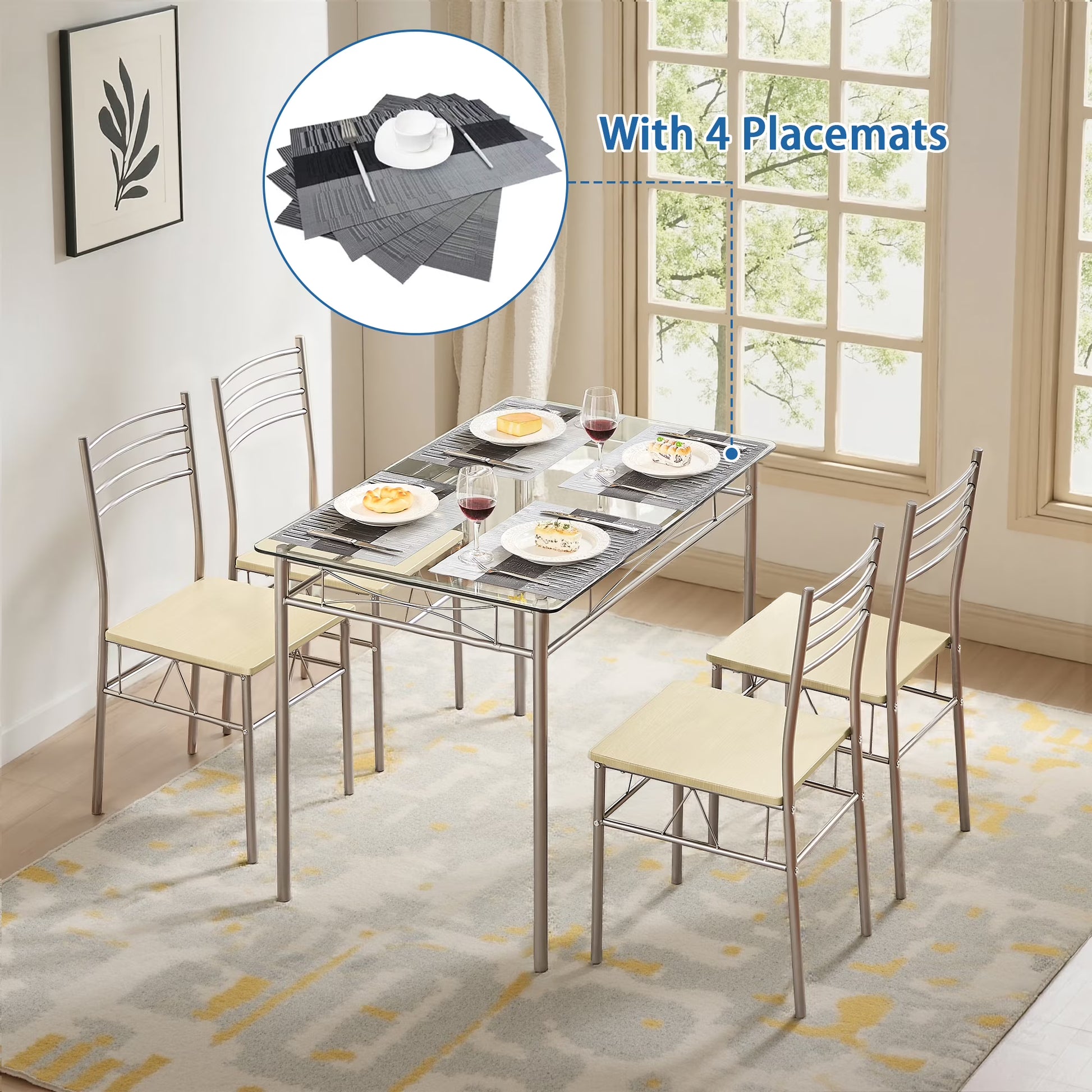 VECELO 5-Piece Dining Set Tempered Glass Top Table with 4 Upholstered Chairs for Home, Kitchen, Living Room, Black