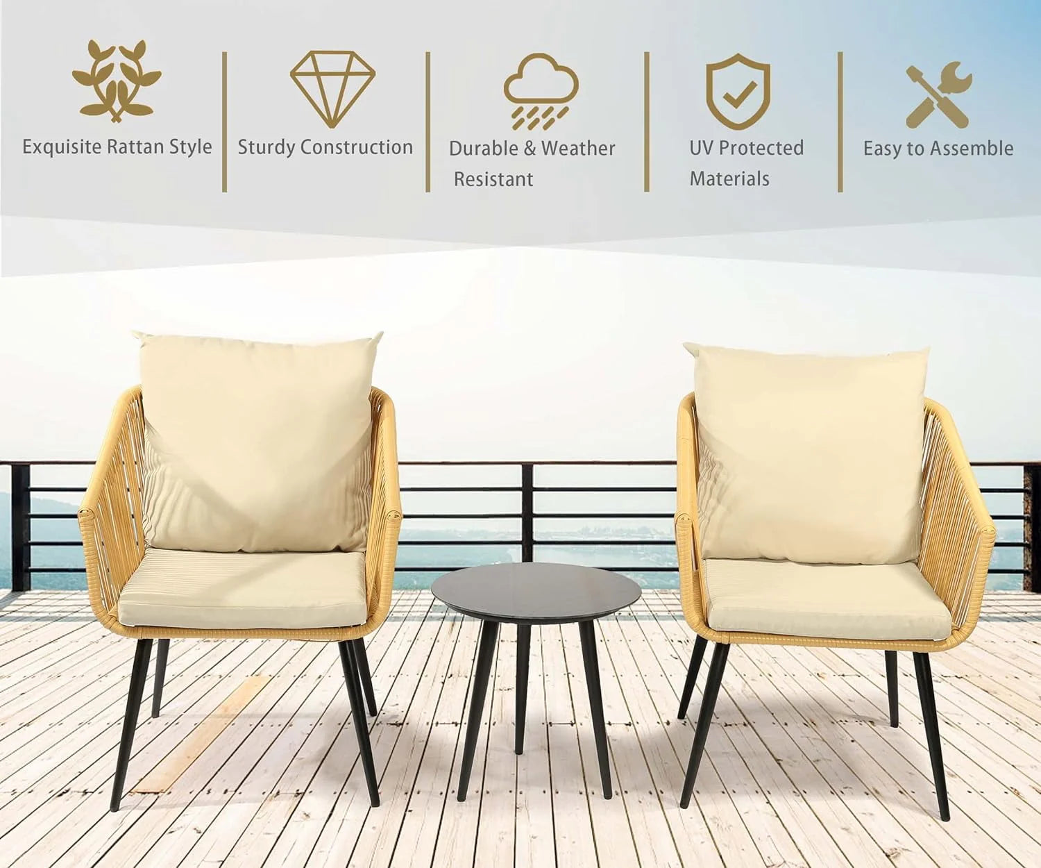 Esmlada 3 Piece Patio Bistro Set, Outdoor All-Weather Conversation Bistro Set w/2 Wide Ergonomic Chairs, Cushions& Glass Top Table for Porch, Backyard, Balcony, Garden (Yellow-Beige)