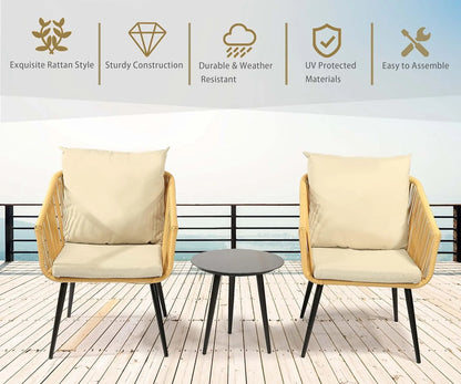Esmlada 3 Piece Patio Bistro Set, Outdoor All-Weather Conversation Bistro Set w/2 Wide Ergonomic Chairs, Cushions& Glass Top Table for Porch, Backyard, Balcony, Garden (Yellow-Beige)