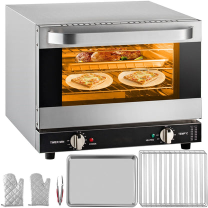 KFFKFF Commercial Convection Oven, 21L/19Qt, Quarter-Size Conventional Oven Countertop, 1440W 3-Tier Toaster w/Front Glass Door, Electric Baking Oven w/Trays Wire Racks Clip Gloves