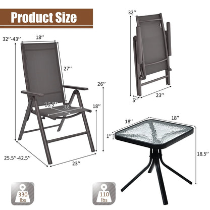 Costway 3PCS Bistro Set Folding Adjustable Chairs Square Glass Table Garden