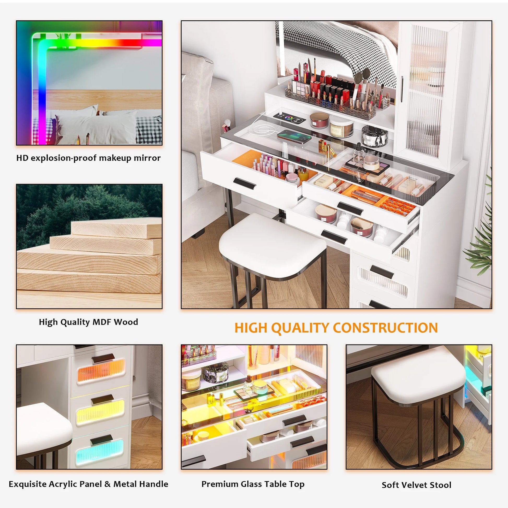 HNEBC Vanity Desk with Mirror and RGB Lights, Glass Top Makeup Vanity with Auto Sensor Lights and Wireless Charging, Vanity Table Set with Cushion Stool, Dressing Table with 6 Drawers (White)