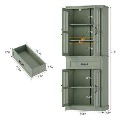 Homfa 71" Tall Bathroom Cabinet with Glass Doors, Freestanding Linen Cabinet with Drawer & Adjustable Shelves, Blue