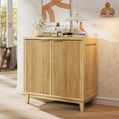 VEANERWOOD Wine Bar Cabinet with 2 Door Fluted Texture, Kitchen Sideboard Buffet with Wine Rack& Glass Holder for Living Room