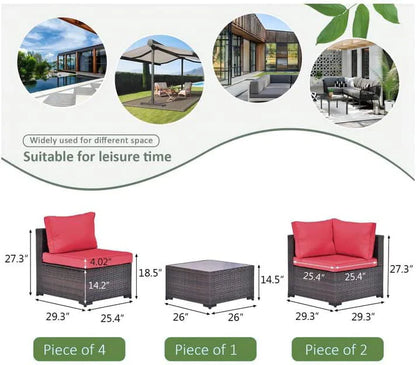 Grezone 7 Pieces Sectional Outdoor Furniture Sofa & Black-Glass Coffee Table