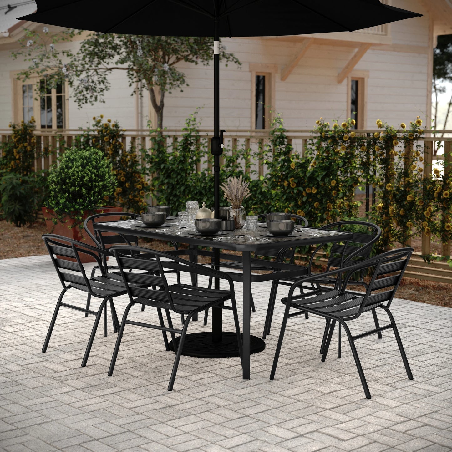 Flash Furniture 7 Piece Commercial Outdoor Patio Dining Set with 60" Tempered Glass Patio Table with Umbrella Hole and 6 Black Triple Slat Chairs