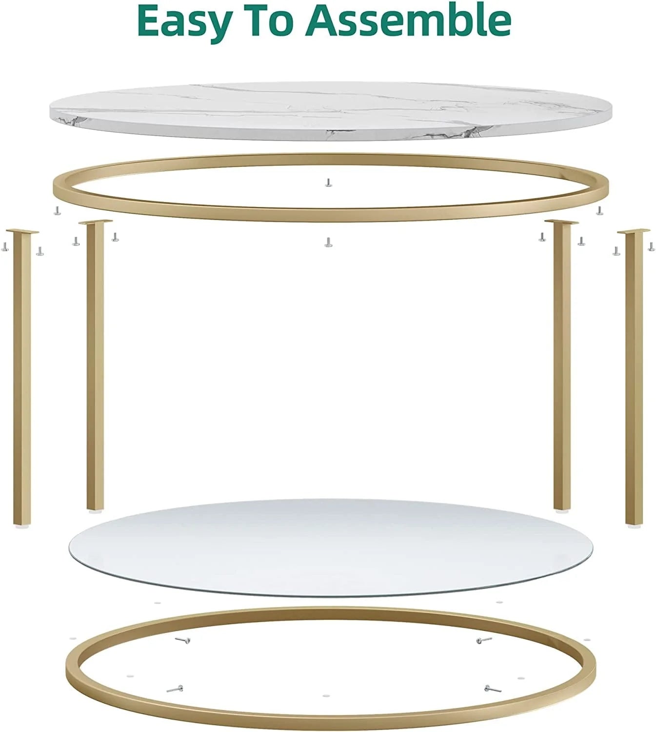 DEXTRUS 2-Tier Round Coffee Table Marble Center Cocktail Table with Glass Open Storage Shelf, White & Gold