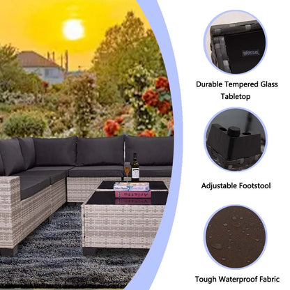 HISUKOY 7-Piece Wicker Modular All Weather Outdoor Conversation Sets with Washable Cushions and Glass Table