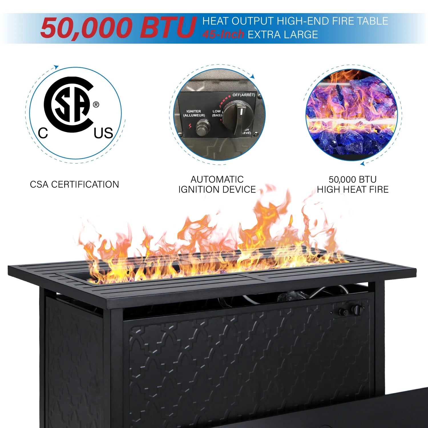 MF Studio 45" Rectangular Steel Propane Fire Pit Table 50000BTU Gas Fire Pit with Blue Fire Glass and Lid, Black
