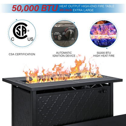 MF Studio 45" Rectangular Steel Propane Fire Pit Table 50000BTU Gas Fire Pit with Blue Fire Glass and Lid, Black