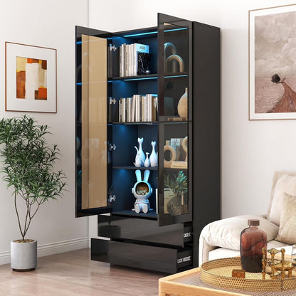 Modern Led Display Cabinet with Glass Doors, Bookcase with Doors, Curio Display Cabinet with 4 Shelves for Living Room, Home Office, Bedroom, Playroom, Black