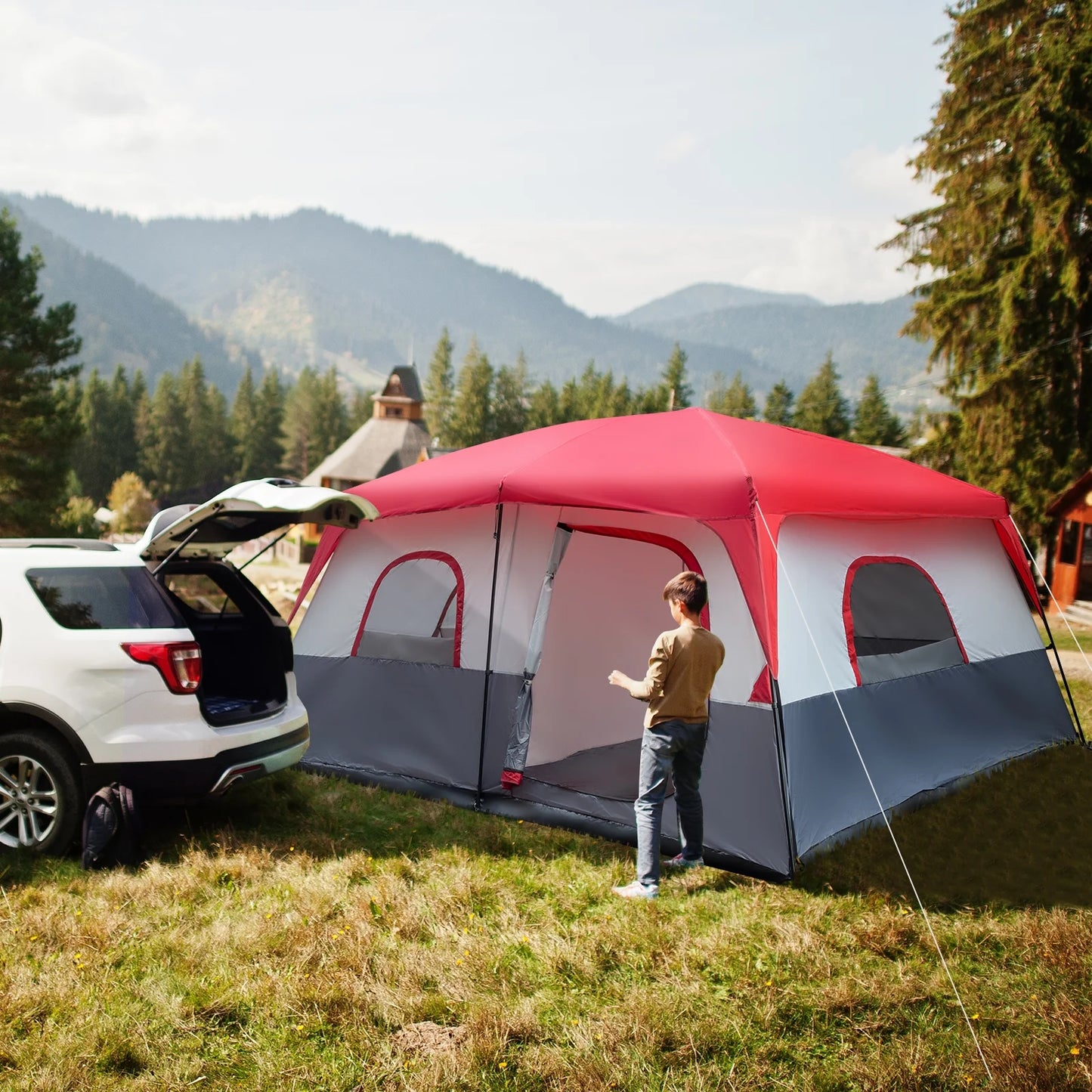 14-Person Camping Tent - 14'x14' (430x430cm) Family Dome Tent with Fiberglass Poles, Waterproof Polyester - Red/White