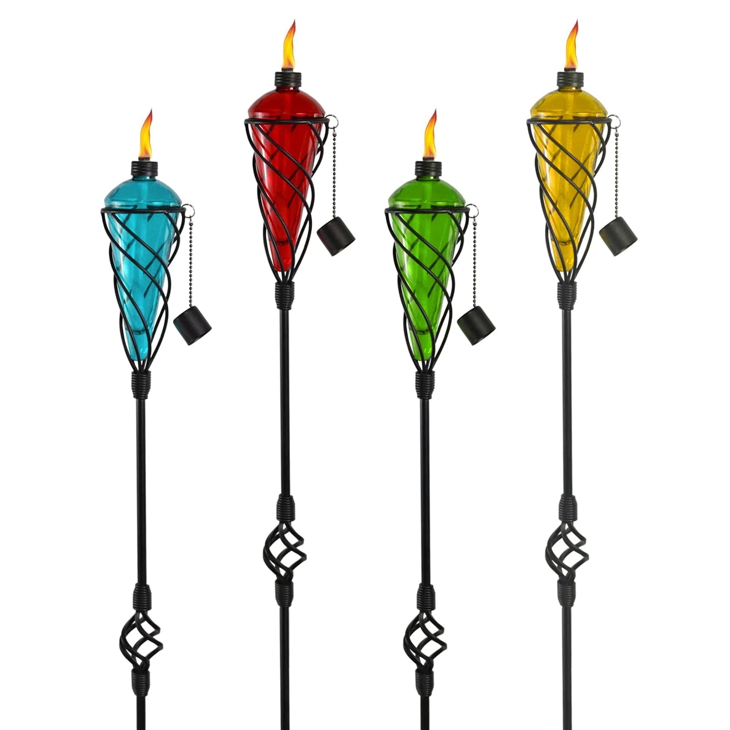 Westcharm 4 Pack 60 Inch Glass Garden Torch Light with Swirling Metal Ground Pole - Burning Citronella Torch Fuel | Outdoor Lighting for Party Patio Pathway Garden Décor - Assorted Colors