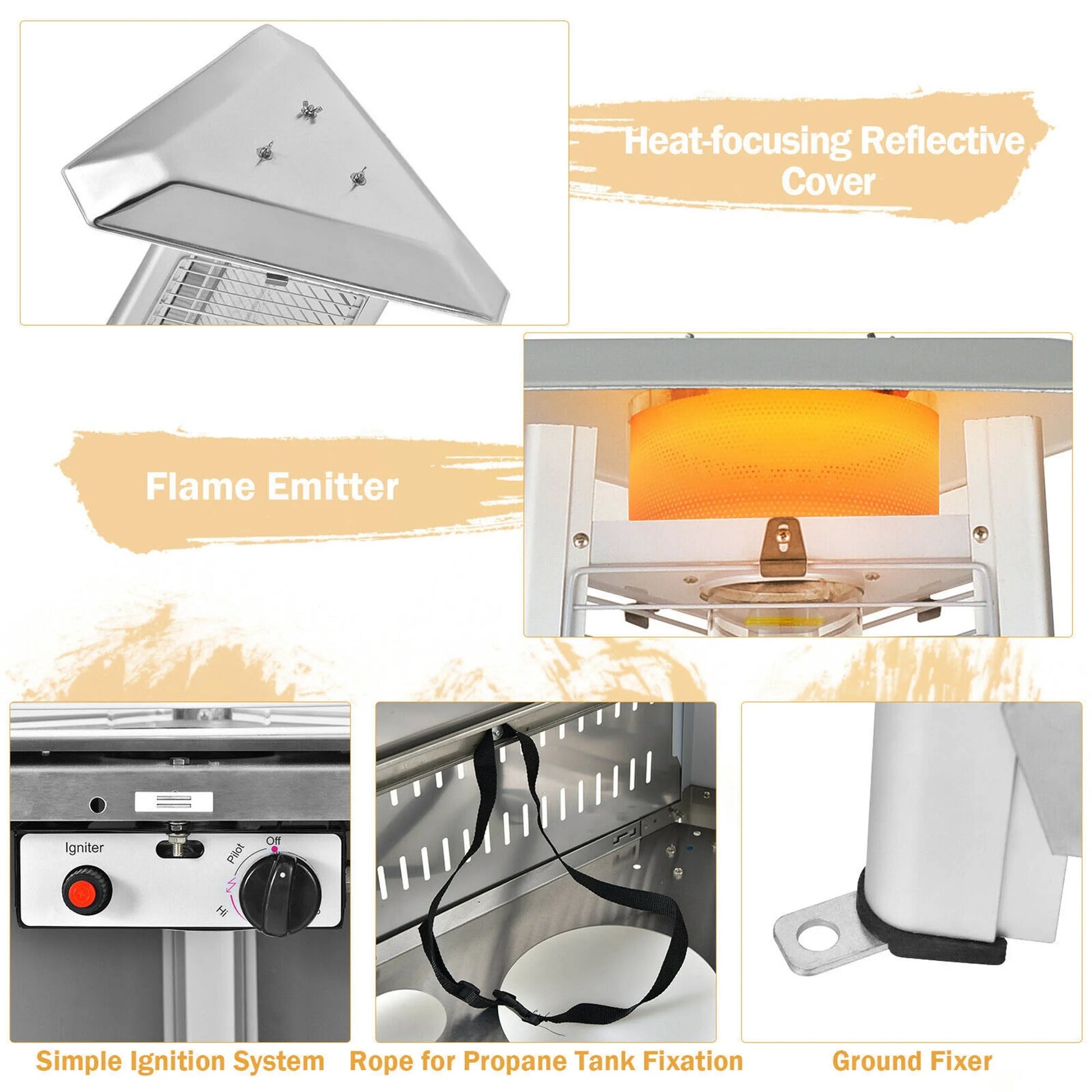 Gymax 42,000 BTU Stainless Steel Pyramid Patio Heater Glass Tube Flame W/Wheels