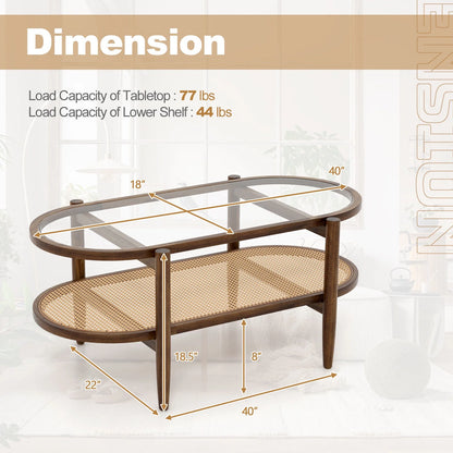 Amijoy 2-layer coffee table, tempered glass top grade coffee table, with PE rattan storage rack and acacia wood frame, center table in living room, reception room, and office, brown