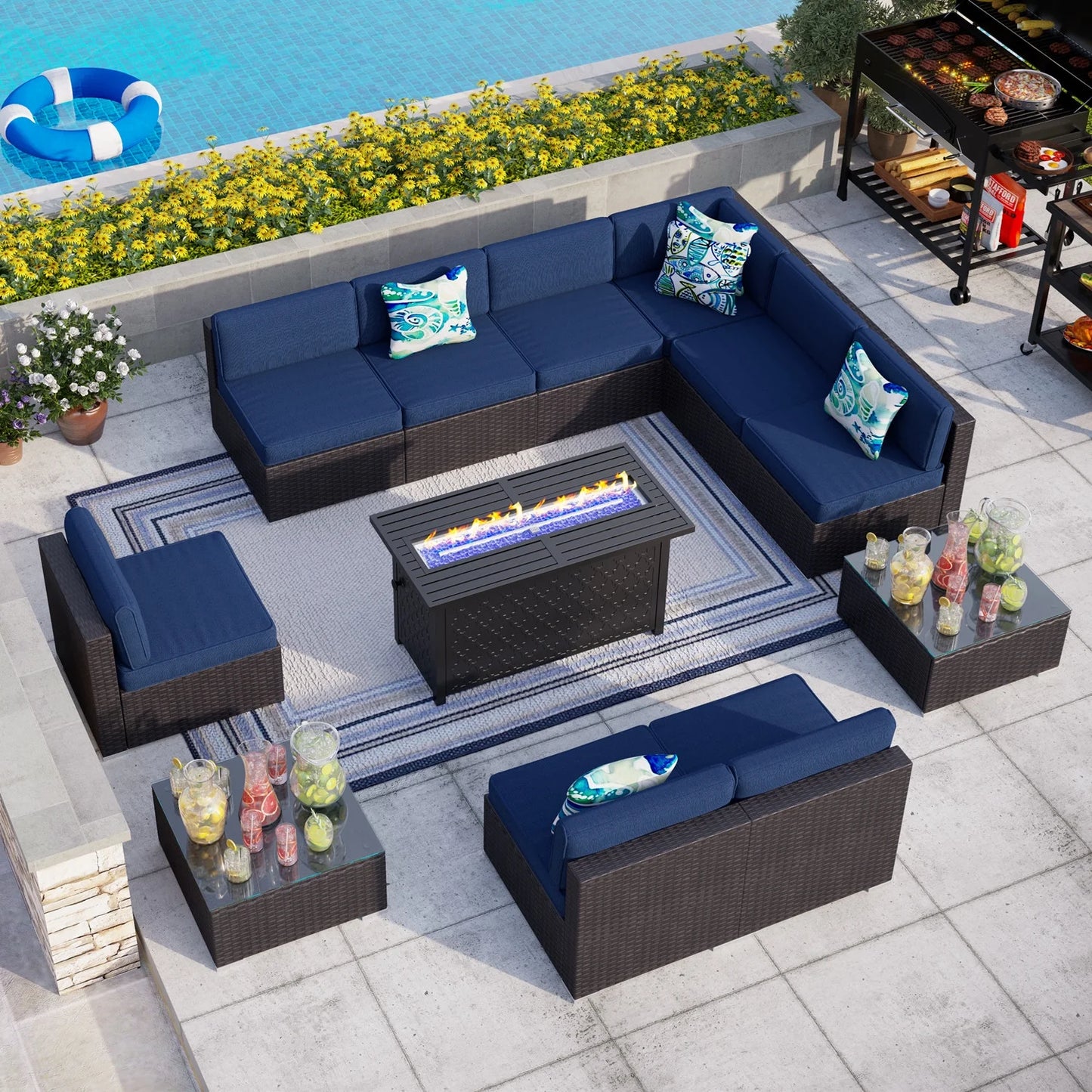 MF Studio 45" Rectangular Steel Propane Fire Pit Table 50000BTU Gas Fire Pit with Blue Fire Glass and Lid, Black
