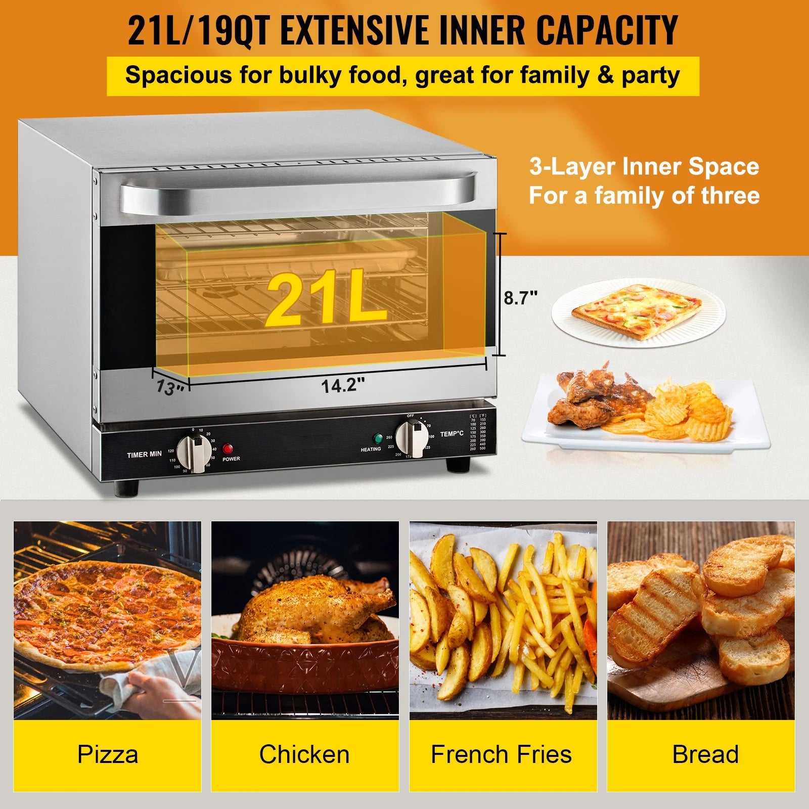 KFFKFF Commercial Convection Oven, 21L/19Qt, Quarter-Size Conventional Oven Countertop, 1440W 3-Tier Toaster w/Front Glass Door, Electric Baking Oven w/Trays Wire Racks Clip Gloves