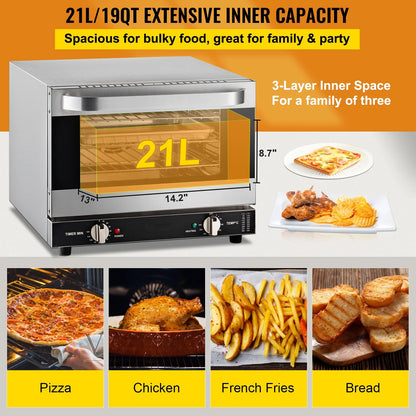 KFFKFF Commercial Convection Oven, 21L/19Qt, Quarter-Size Conventional Oven Countertop, 1440W 3-Tier Toaster w/Front Glass Door, Electric Baking Oven w/Trays Wire Racks Clip Gloves