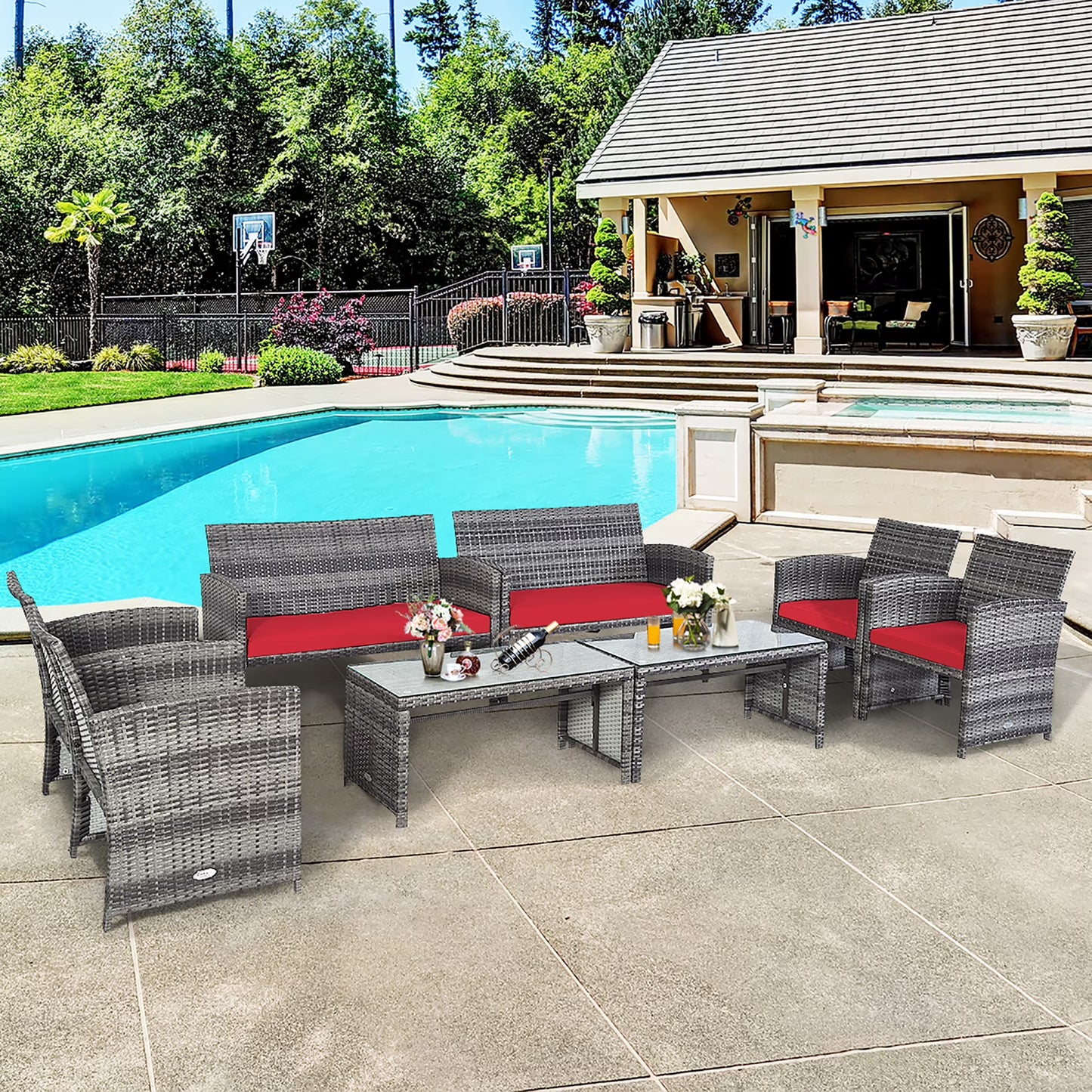 Costway 8PCS Patio Rattan Furniture Set Conversation Glass Table Top Sofa Cushioned Navy
