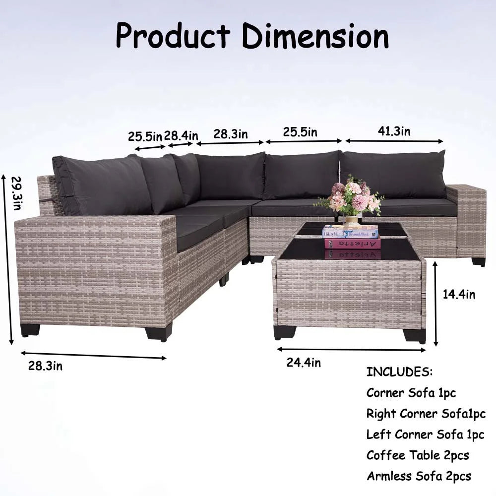 HISUKOY 7-Piece Wicker Modular All Weather Outdoor Conversation Sets with Washable Cushions and Glass Table