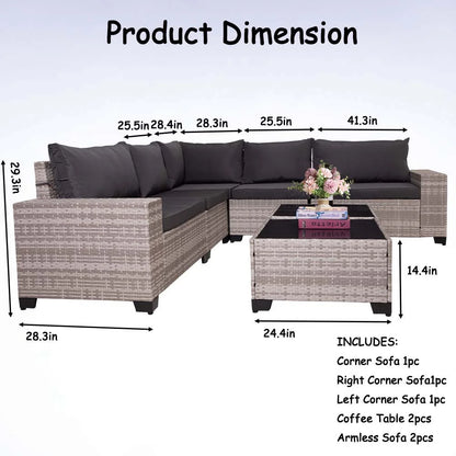HISUKOY 7-Piece Wicker Modular All Weather Outdoor Conversation Sets with Washable Cushions and Glass Table