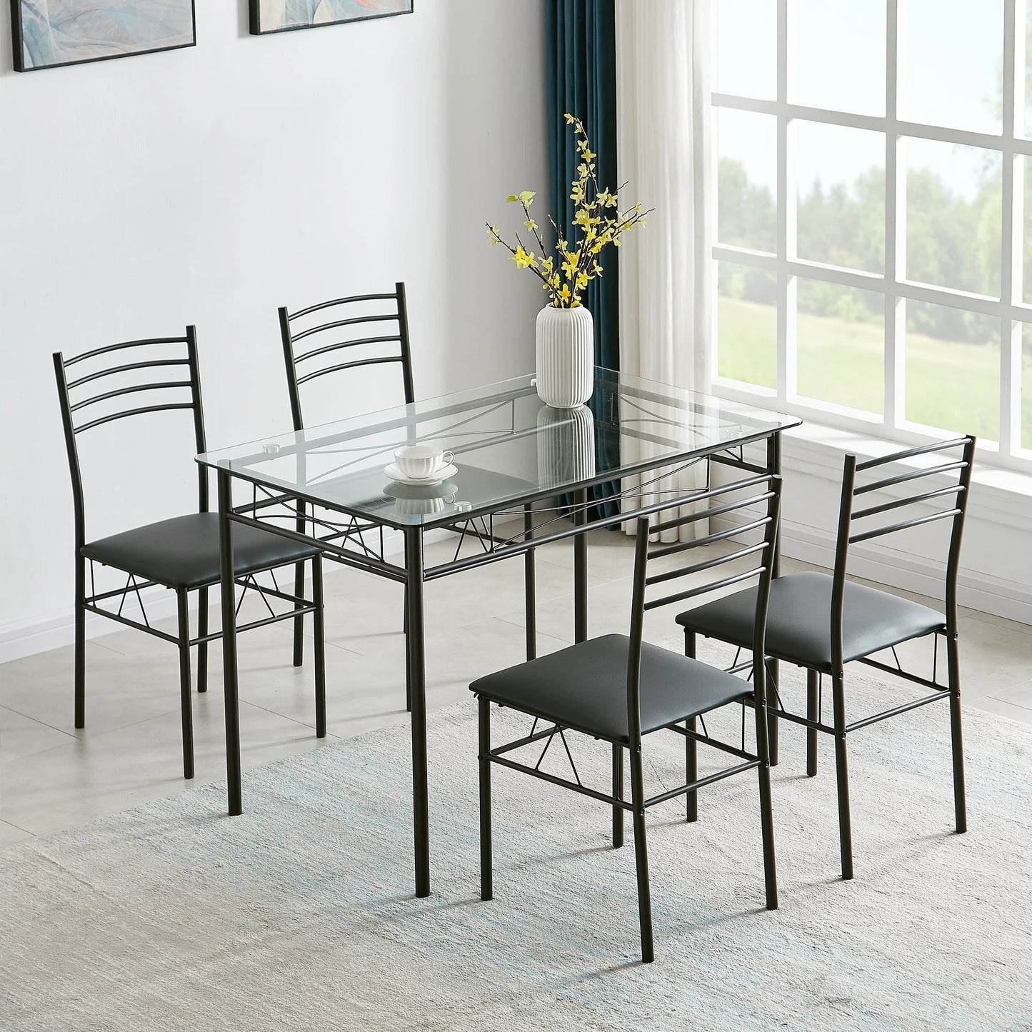 VECELO 5-Piece Dining Set Tempered Glass Top Table with 4 Upholstered Chairs for Home, Kitchen, Living Room, Black