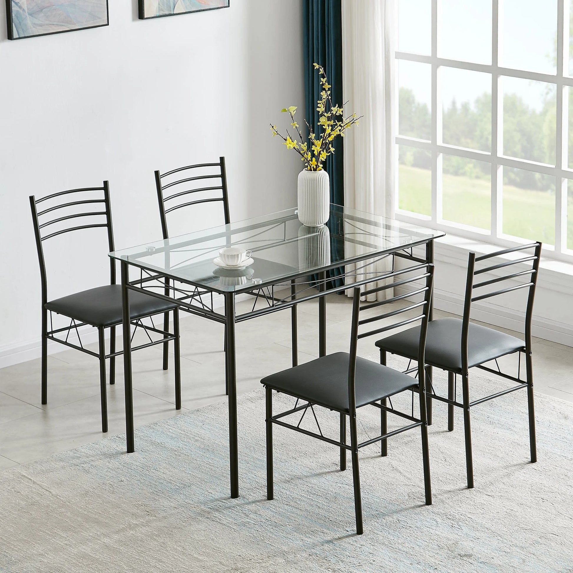 VECELO 5-Piece Dining Set Tempered Glass Top Table with 4 Upholstered Chairs for Home, Kitchen, Living Room, Black