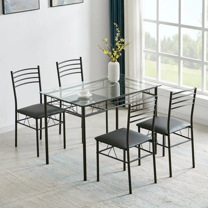 VECELO 5-Piece Dining Set Tempered Glass Top Table with 4 Upholstered Chairs for Home, Kitchen, Living Room, Black